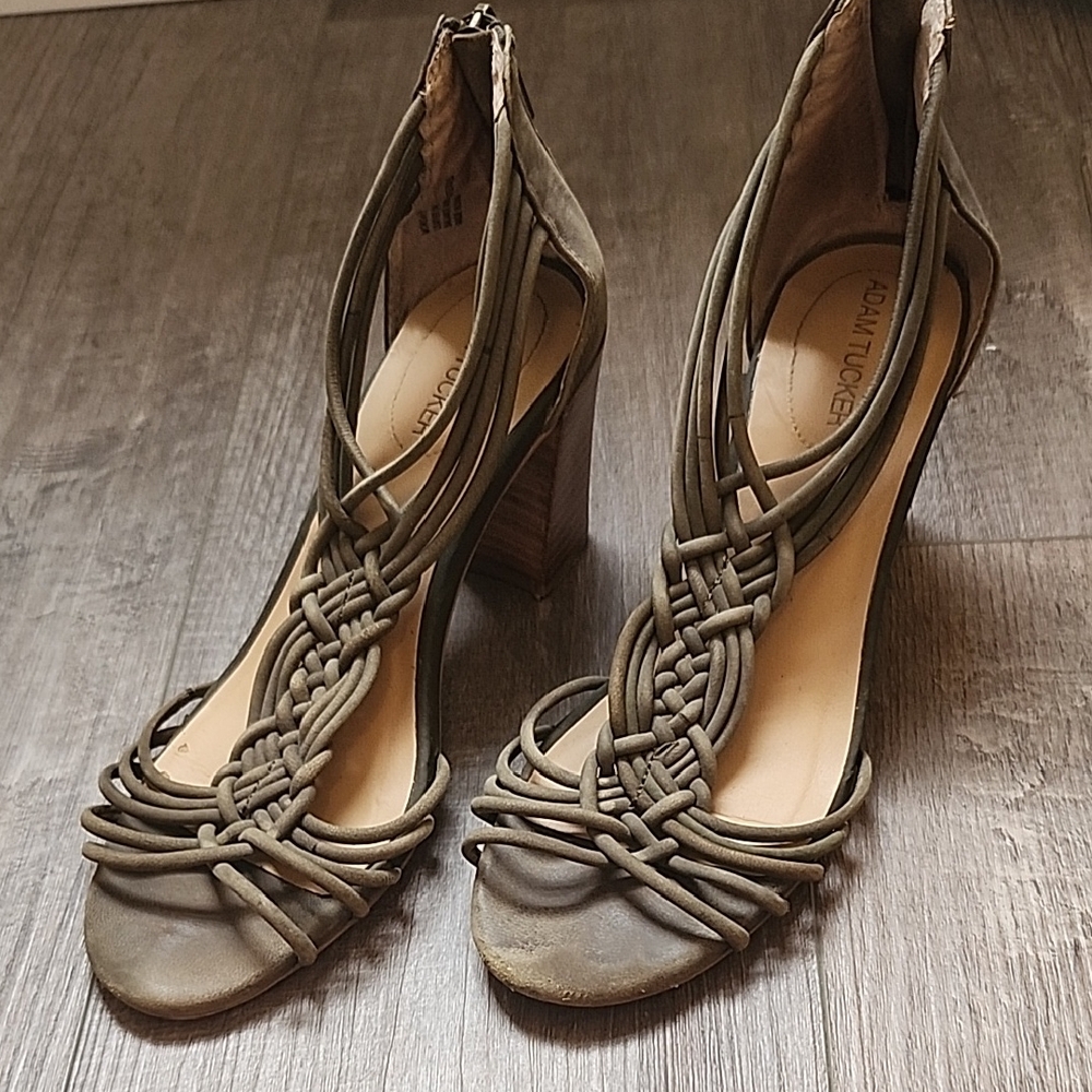 Adam Tucker Green and Tan Strappy Heels with Sophisticated Design